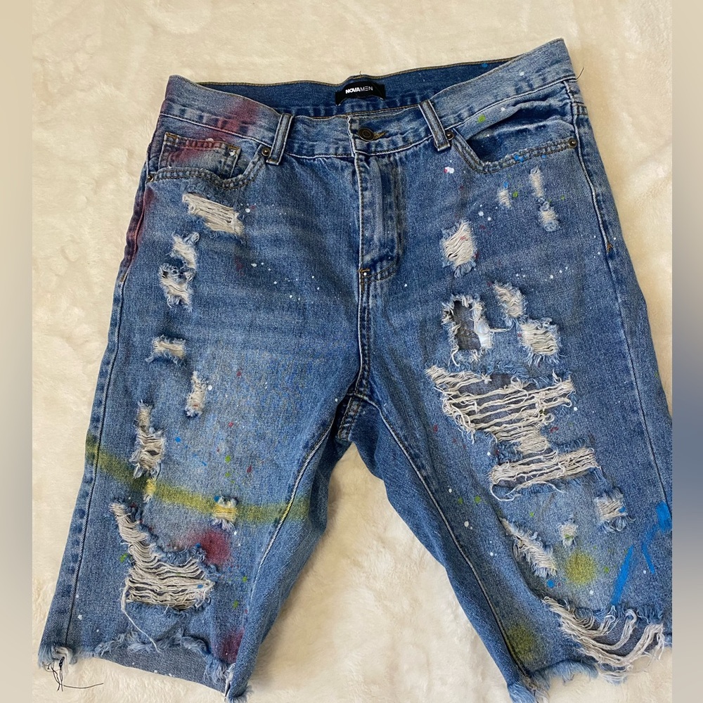 Graffiti distressed denim shorts